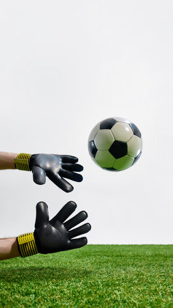 Football goalkeeper hands in gloves reaching for flying ball. Concept of goalie reflex training, summer game excitement, youth motivation, team sports communication, sportswear ads.の写真素材