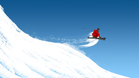 Collage of male skier in red outfit jumping across steep painted white slope on blue sky. Concept of...