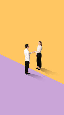 Collage of woman and man shaking hands across diagonal yellow and purple background. Concept of...