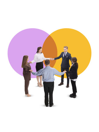 Collage of diverse business team holding hands inside overlapping circles. Concept of team bonding, remote group training, hybrid work culture, and inclusive soft skills development.の写真素材