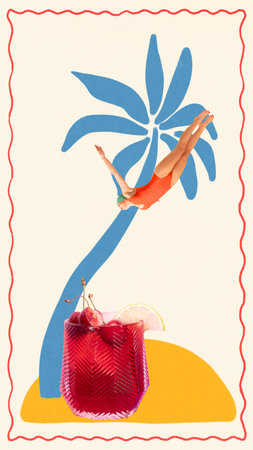 Collage of diver in red swimsuit jumping into cherry cocktail with palm silhouette on cream background. Concept of bar posters, wellness drinks branding, summer travel menus, and lifestyle content.の写真素材