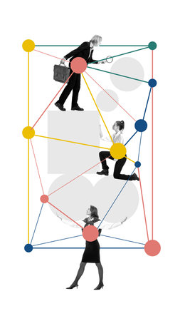 Abstract collage of women cooperating in layered business hierarchy. Concept of career development,...