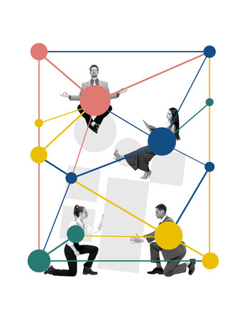 Surreal collage art of professionals lifting abstract elements in coordinated business system....