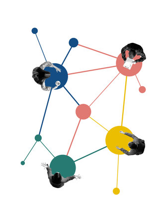 Digital collage of connected team members on network nodes in abstract composition. Concept of...