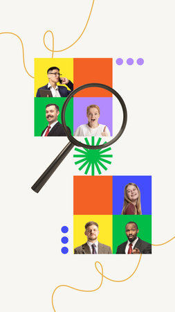 Colorful recruitment collage featuring diverse businesspeople in bright geometric frames, with...