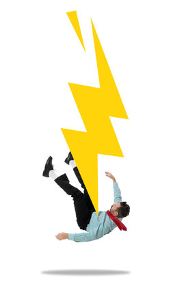 Creative artwork. Man in formal wear struck by large yellow lightning bolt on white background. Concept of sudden shock, power surge, fast impact, and unexpected dramatic events in professional life.の写真素材