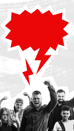 Graphic composition. Angry crowd with raised fists under large red lightning-shaped speech bubble. Concept of protest, activism, public outrage, urgent message, and radical social movement.の写真素材