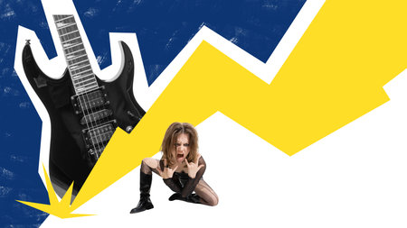 Contemporary artwork. Rock guitarist and fierce woman with lightning bolt on dark blue and yellow background. Concept of music energy, rebellious spirit, stage performance, and youth culture.の写真素材