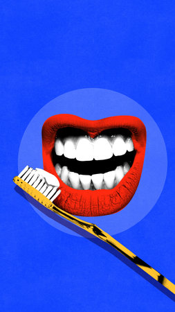 Graphic composition. Red lips with toothbrush symbolizing dental hygiene and oral care awareness....