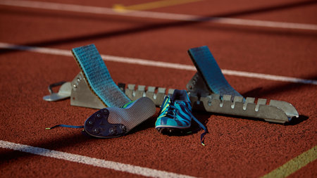 Athletic starting block and track shoes on running track in warm sunlight with sharp detail. Concept...