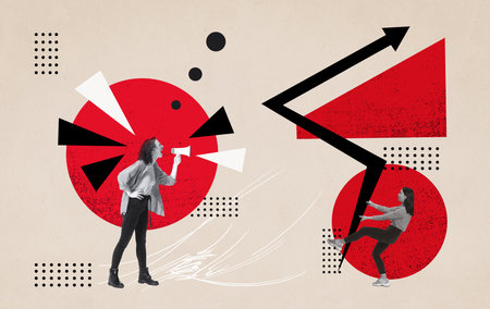 Surreal collage art. Businesswoman with megaphone drives progress while colleague pushes chart...