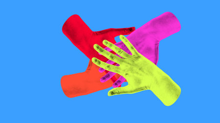 Minimalist collage. Colorful teamwork hands joining together in unity symbol of collaboration. Concept of inclusion, accessibility, diversity, cooperation, social interaction and emotional support.の写真素材