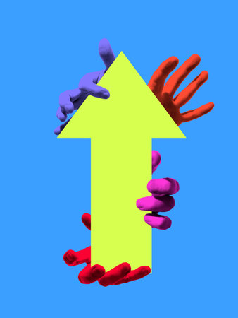 Bold colorful poster. Hands holding upward arrow symbol of growth progress and collective success. Concept of business teamwork, advertising, motivation, leadership, public speaking and empowerment.の写真素材