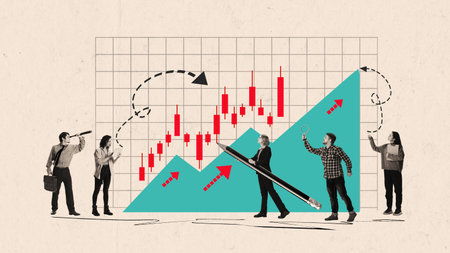 Group of business people analyzing chart with arrows and data on abstract collage. Concept of...
