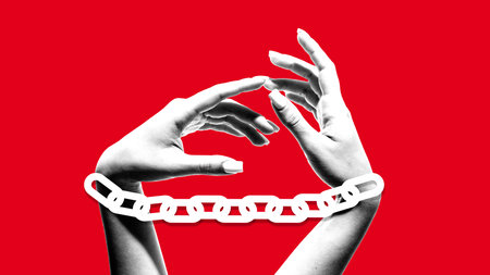 Surreal collage art. Hands in chain symbolizing restriction and fragile emotion on red background. Concept of prison system, social dependence, and emotional captivity.の写真素材