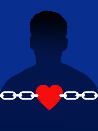 Graphic composition. Silhouette with chained heart symbolizing emotional suppression and fragile love. Concept of psychology, emotional dependency, and toxic control in relationships.の写真素材