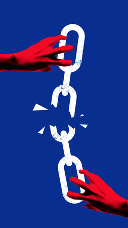 Modern collage. Red hands breaking chain link symbolizing rebellion, fragile hope, and emotional...