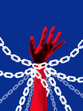Bold collage. Red hand tied by multiple chains reaching out with desperate emotion and fragile...