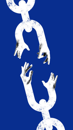 Surreal collage art. Human hands reaching through broken chain symbolizing fragile connection and...