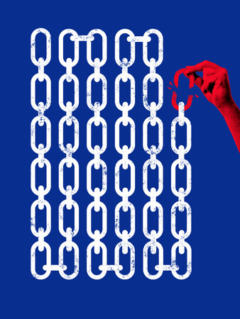 Graphic composition. Red hand removing single chain link symbolizing fragile resistance and breaking...