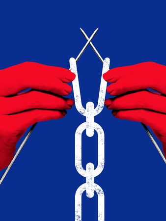 Creative digital artwork. Red hands knitting chain link symbolizing fragile creation of restriction and control. Concept of social systems, constructed oppression, and law enforcement.の写真素材