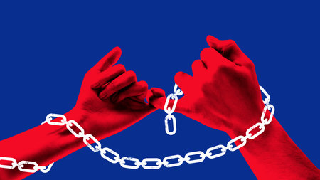 Collage of red hands breaking chain symbolizing fragile freedom, emotional struggle, and desperate courage. Concept of prison system, resistance, rebellion, and breaking oppressive systemic control.の写真素材
