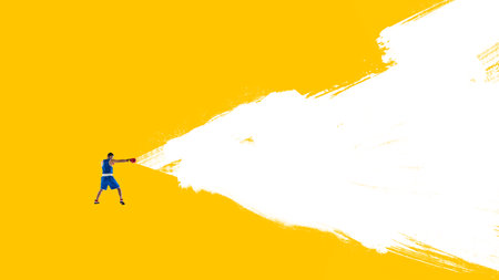 Creative collage template. Male boxer throws powerful punch breaking abstract white paint stroke on yellow. Concept of strength, power, determination, creativity, modern art, and emotional expression.の写真素材