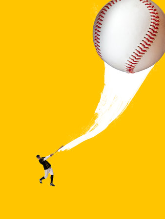 Bold colorful poster. Baseball player swinging bat to hit oversized ball with white paint stroke motion. Concept of sport ambition, strength, accuracy, creativity, and symbolic energy.の写真素材
