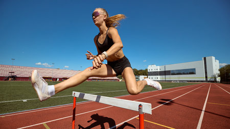 Young female athlete hurdling with speed and focus on outdoor track. Concept of sports discipline, training for competition, and motivation to overcome barriers.の写真素材