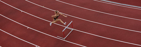 Female athlete hurdling viewed from above on red track. Concept of sports discipline, determination,...