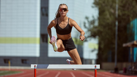 Female hurdler jumping over barrier with intensity and focus on stadium track. Concept of business growth, female empowerment, psychology, and overcoming challenges in coaching.の写真素材