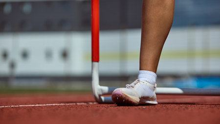 Detail of runner foot near hurdle on stadium track symbolizing first step to victory.の写真素材