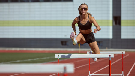 Female hurdler mid-jump over barrier symbolizing courage and determination in sport. Concept of female empowerment, HR career ambition, education, and business breakthrough.の写真素材