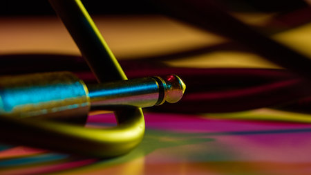 Audio jack connector on colorful background with neon glow. Concept of audio connection, retro music lifestyle, podcast design, and creative poster for sound and entertainment.の写真素材