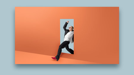 Contemporary collage of businesswoman stepping through doorway on orange wall with red shoes and joyful fashion energy. Concept of individuality, lifestyle freedom, joyful fashion, web design 2.0.の写真素材