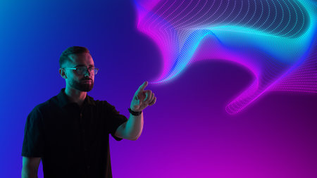 Graphic composition. Man in glasses pointing at glowing neon wave with digital futuristic style....