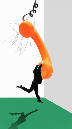 Businessman hanging from oversized orange phone in surreal collage. Concept of work pressure, customer service demands, corporate struggle, hotline tension, and modern communication stress.の写真素材