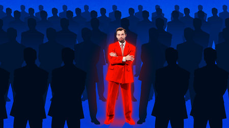 Creative digital artwork. Individual in red suit standing out among identical silhouettes. Concept of individuality, protest against conformity, inner strength, and emotional resilience.の写真素材