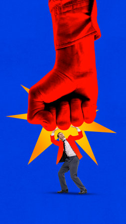 Colorful collage. Man under crushing red fist symbolizing oppression and survival struggle. Concept of protest, system pressure, individual strength, and emotional resistance.の写真素材