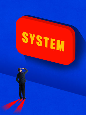 Contemporary collage. Man facing giant red System button as symbol of faceless authority. Concept of bureaucracy, depersonalized power, emotional oppression, and silent resistance.の写真素材