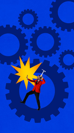 Bright composition. Man with hammer inside giant cogwheel collage symbolizing system resistance. Concept of bureaucracy, dehumanization, protest, rebellion, and mechanical oppression.の写真素材