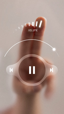 Modern collage. Hand adjusting futuristic digital volume control interface with glowing symbols. Concept of technology, multimedia, entertainment, music interaction, and emotional engagement.の写真素材