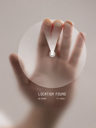 Trendy poster. Hand with open palm scanning futuristic radar interface with location found coordinates. Concept of geolocation, digital navigation, modern security, and emotional precision.の写真素材