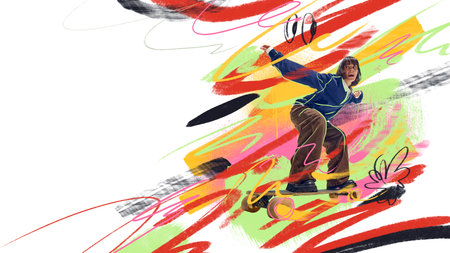 Modern artwork. Skater in motion with colorful artistic graffiti background full of energy. Concept of urban lifestyle, fashion editorial, street culture, youth creativity, and emotional freedom.の写真素材