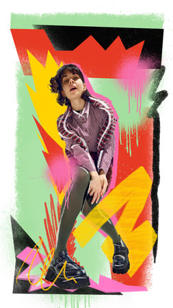 Modern poster. Female model in checkered outfit posing with colorful graffiti background. Concept of...