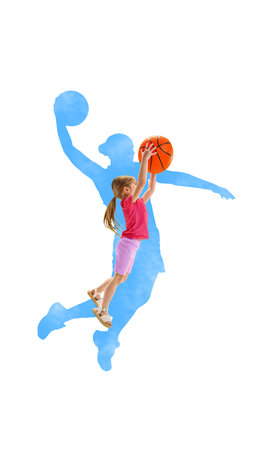Bold colorful poster. Little girl with basketball inside blue silhouette of jumping athlete. Concept...
