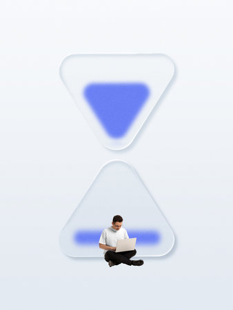 Man working on laptop under futuristic arrow icons in minimal interface collage. Concept of...