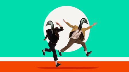 Trendy social media composition. Two bird headed men jumping together in surreal pop art background....