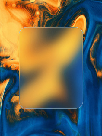 Collage template. Glass digital screen on abstract blue orange liquid background. Concept of...