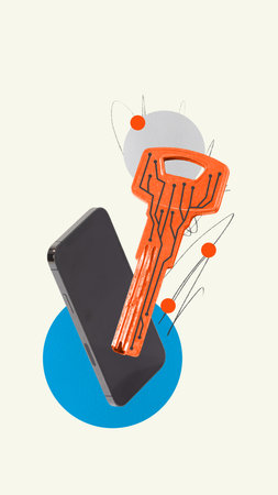 Minimalist collage. Smartphone with digital orange key symbolizing mobile data protection. Concept...